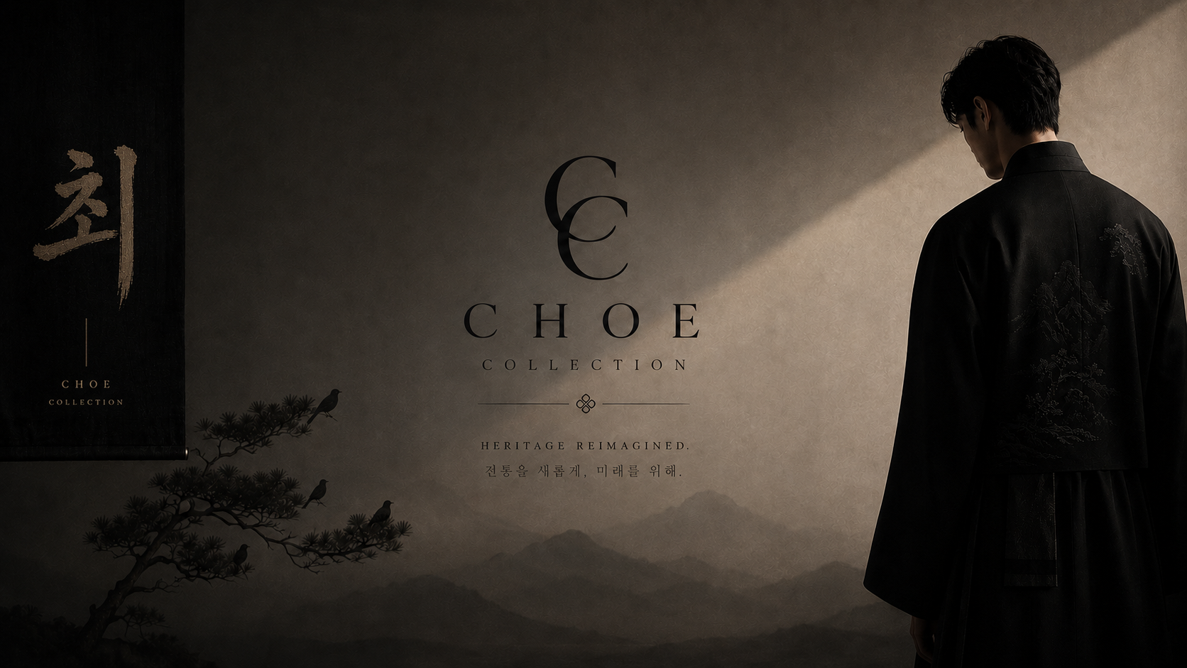 Choe Collection campaign image with Korean calligraphy, mountains, and a model wearing an embroidered black coat